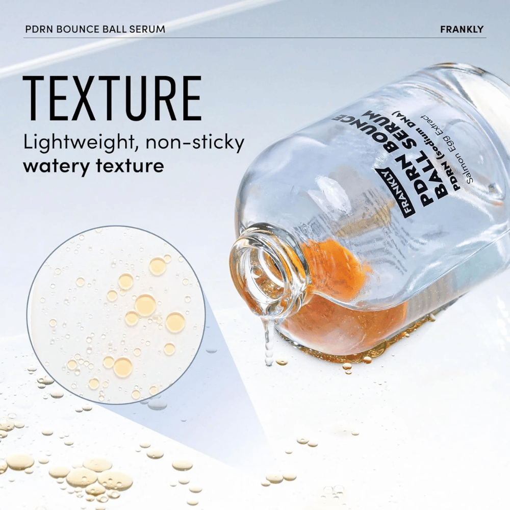 FRANKLY PDRN Bounce Ball Serum – ελαφριά, μη κολλώδης φόρμουλα με υδαρή υφή που ενυδατώνει και δίνει στο δέρμα μια φρέσκια λάμψη.