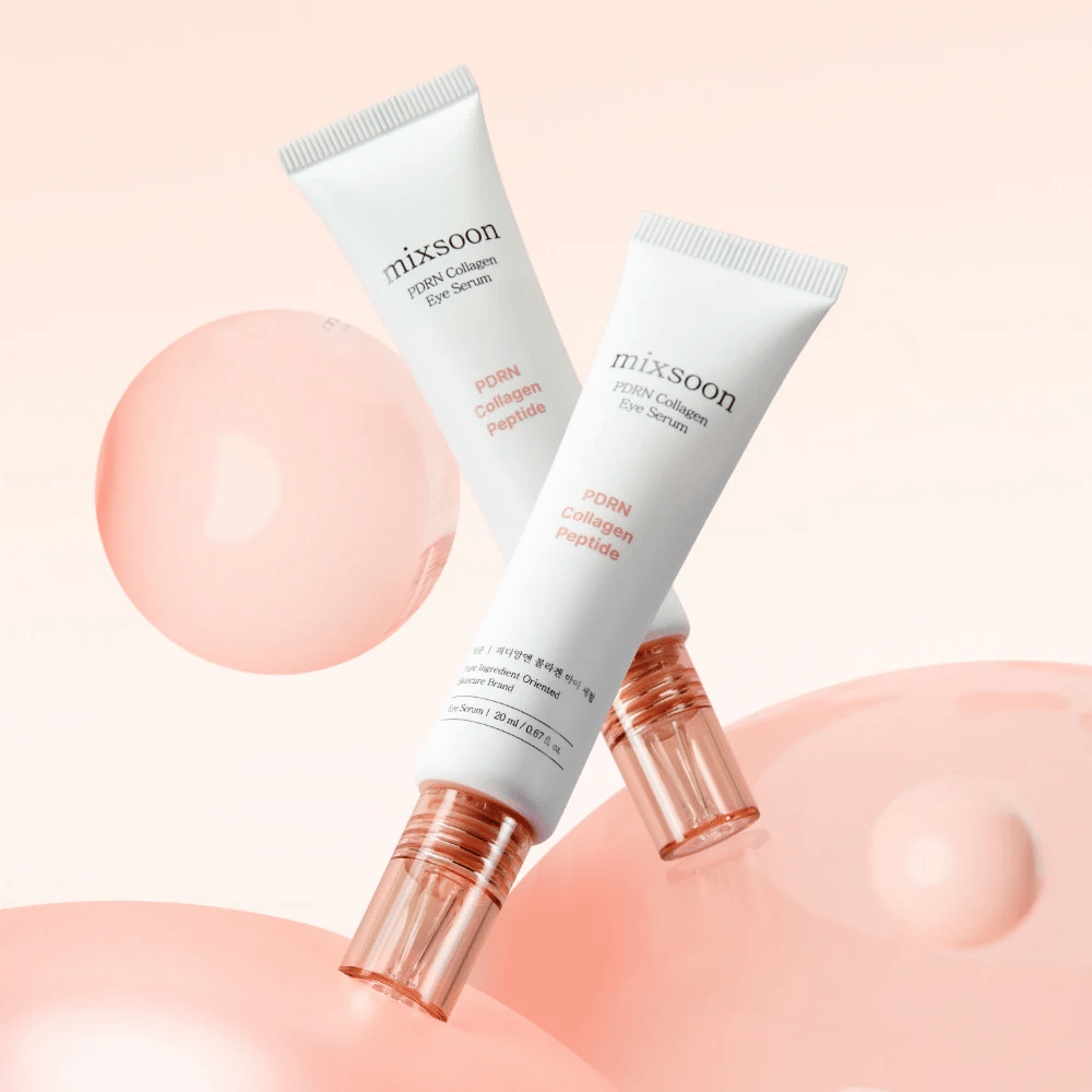 Mixsoon PDRN Collagen Eye Serum με φόντο ροζ φυσαλίδες. Ένας ορός ματιών που προσδίδει λάμψη με PDRN, κολλαγόνο και πεπτίδια.