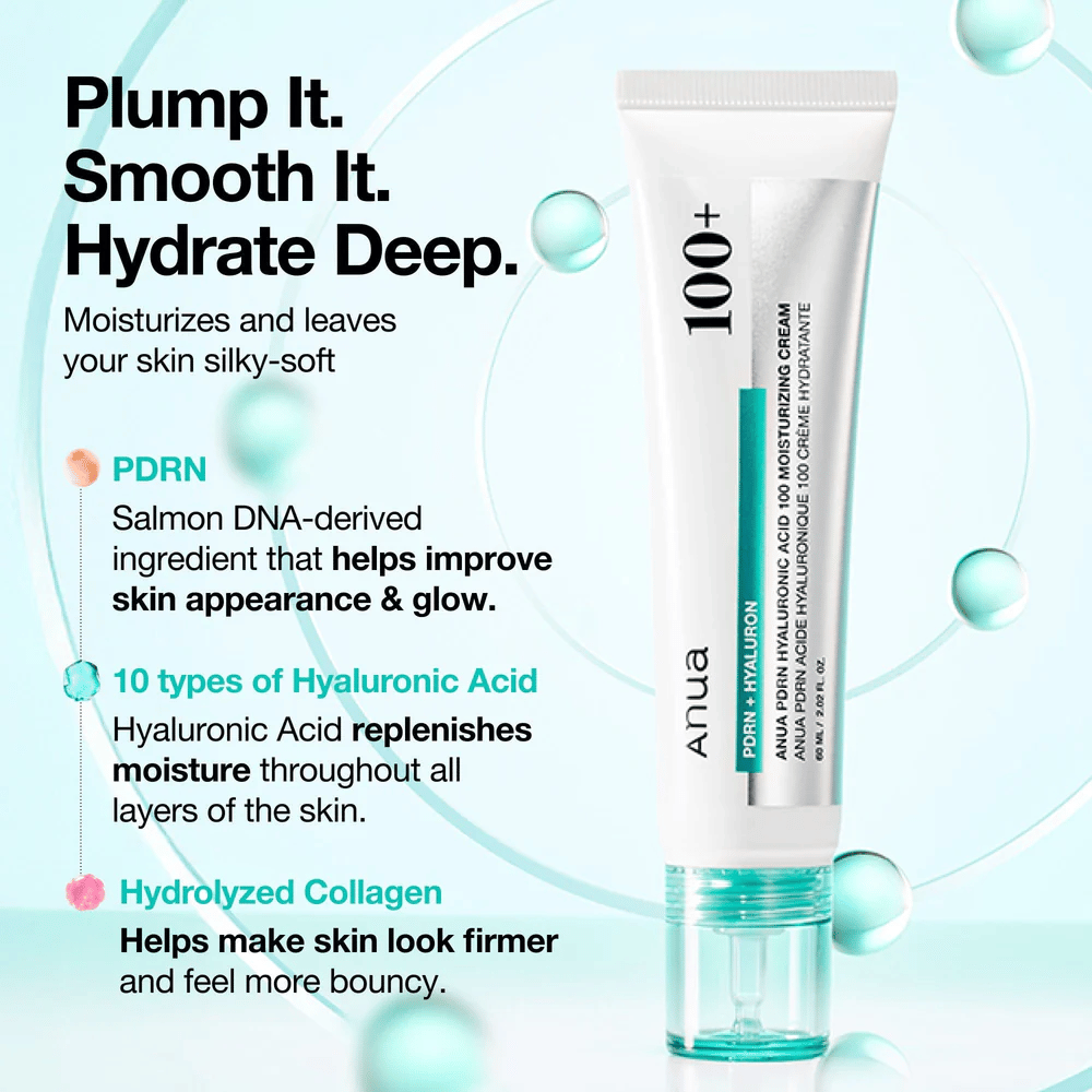 Anua PDRN Hyaluronic Acid 100 Moisturizing Cream με υαλουρονικό οξύ, PDRN και κολλαγόνο – ενυδατώνει, εξομαλύνει και ενισχύει το δέρμα.