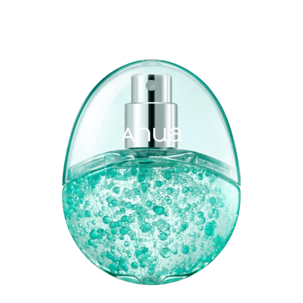Απομονωμένη εικόνα προϊόντος του Anua PDRN Hyaluronic Acid Hydrating Capsule Mist σε ανοιχτόχρωμο φόντο. Το μπουκάλι σε σχήμα αυγού έχει ένα διαφανές επάνω μέρος και ένα κάτω μέρος γεμάτο με τιρκουάζ ενυδατικές κάψουλες που αναδεικνύουν τη μοναδική σύνθεση του προϊόντος και την αίσθηση πολυτέλειας.