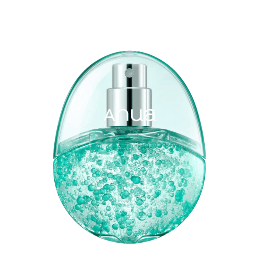 Απομονωμένη εικόνα προϊόντος του Anua PDRN Hyaluronic Acid Hydrating Capsule Mist σε ανοιχτόχρωμο φόντο. Το μπουκάλι σε σχήμα αυγού έχει ένα διαφανές επάνω μέρος και ένα κάτω μέρος γεμάτο με τιρκουάζ ενυδατικές κάψουλες που αναδεικνύουν τη μοναδική σύνθεση του προϊόντος και την αίσθηση πολυτέλειας.
