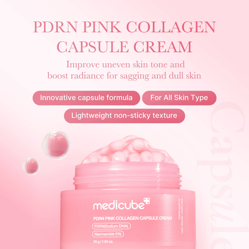 Ροζ βάζο με Medicube PDRN Pink Collagen Capsule Cream, περιτριγυρισμένο από φυσαλίδες που μοιάζουν με κάψουλες και κείμενο που αναδεικνύει τις ιδιότητες της κρέμας για ανομοιόμορφο τόνο δέρματος, λάμψη και όλους τους τύπους δέρματος.