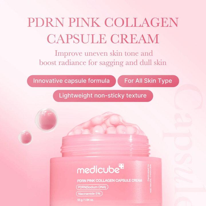 Ροζ βάζο με Medicube PDRN Pink Collagen Capsule Cream, περιτριγυρισμένο από φυσαλίδες που μοιάζουν με κάψουλες και κείμενο που αναδεικνύει τις ιδιότητες της κρέμας για ανομοιόμορφο τόνο δέρματος, λάμψη και όλους τους τύπους δέρματος.
