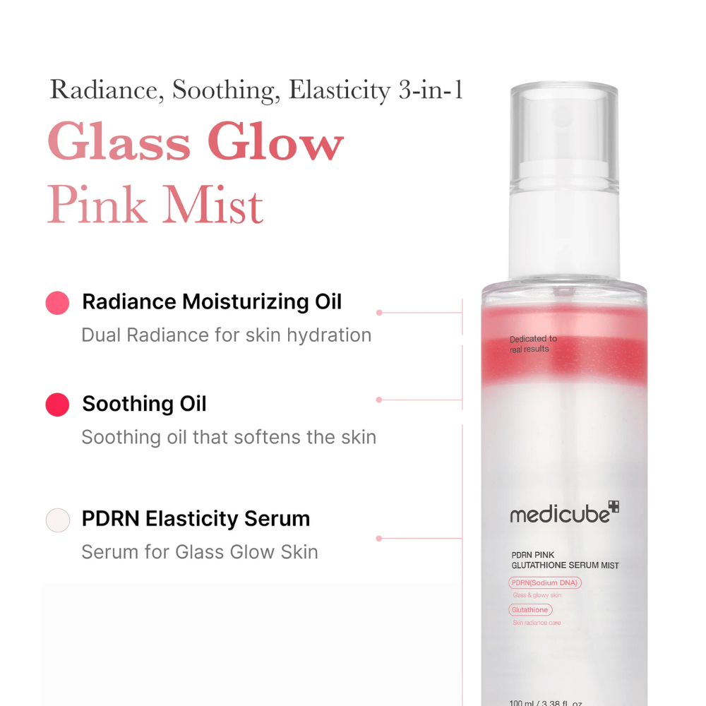 Εικόνα προϊόντος του Medicube PDRN Pink Glutathione Serum Mist με τρία στρώματα: ενυδατικό λάδι, καταπραϋντικό λάδι και σέρουμ PDRN για λάμψη, ελαστικότητα και απαλό δέρμα.