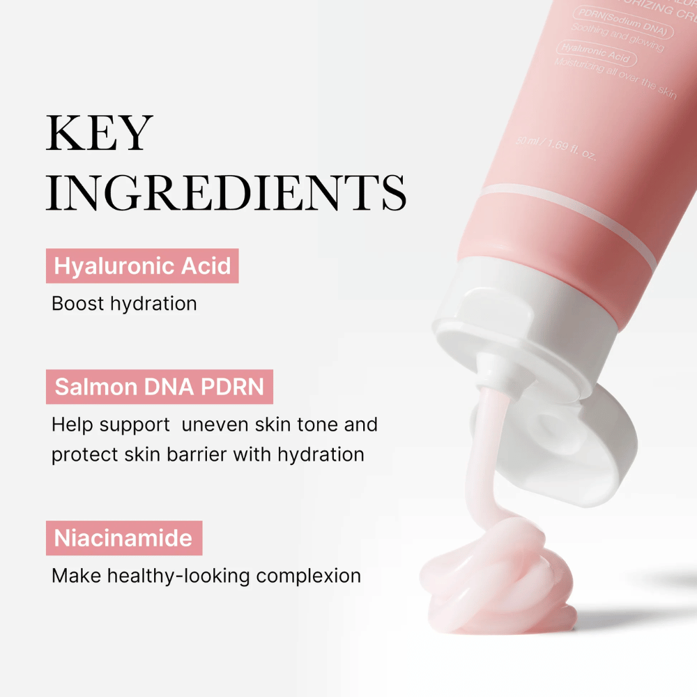 Medicube PDRN Pink Hyaluronic Moisturizing Cream με βασικά συστατικά το υαλουρονικό οξύ, το DNA σολομού PDRN και τη νιασιναμίδη, εμφανίζεται με ροζ κρέμα από τον σωλήνα.