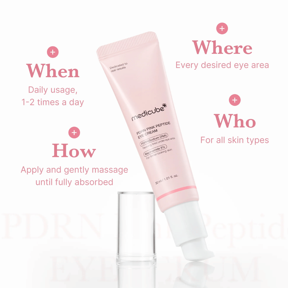 Medicube PDRN Pink Peptide Eye Cream, σωλήνας 30 ml. Κρέμα ματιών με PDRN και 5% νιασιναμίδη. Χρησιμοποιείται 1-2 φορές καθημερινά γύρω από τα μάτια. Κατάλληλο για όλους τους τύπους δέρματος.