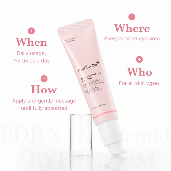 Medicube PDRN Pink Peptide Eye Cream, σωλήνας 30 ml. Κρέμα ματιών με PDRN και 5% νιασιναμίδη. Χρησιμοποιείται 1-2 φορές καθημερινά γύρω από τα μάτια. Κατάλληλο για όλους τους τύπους δέρματος.