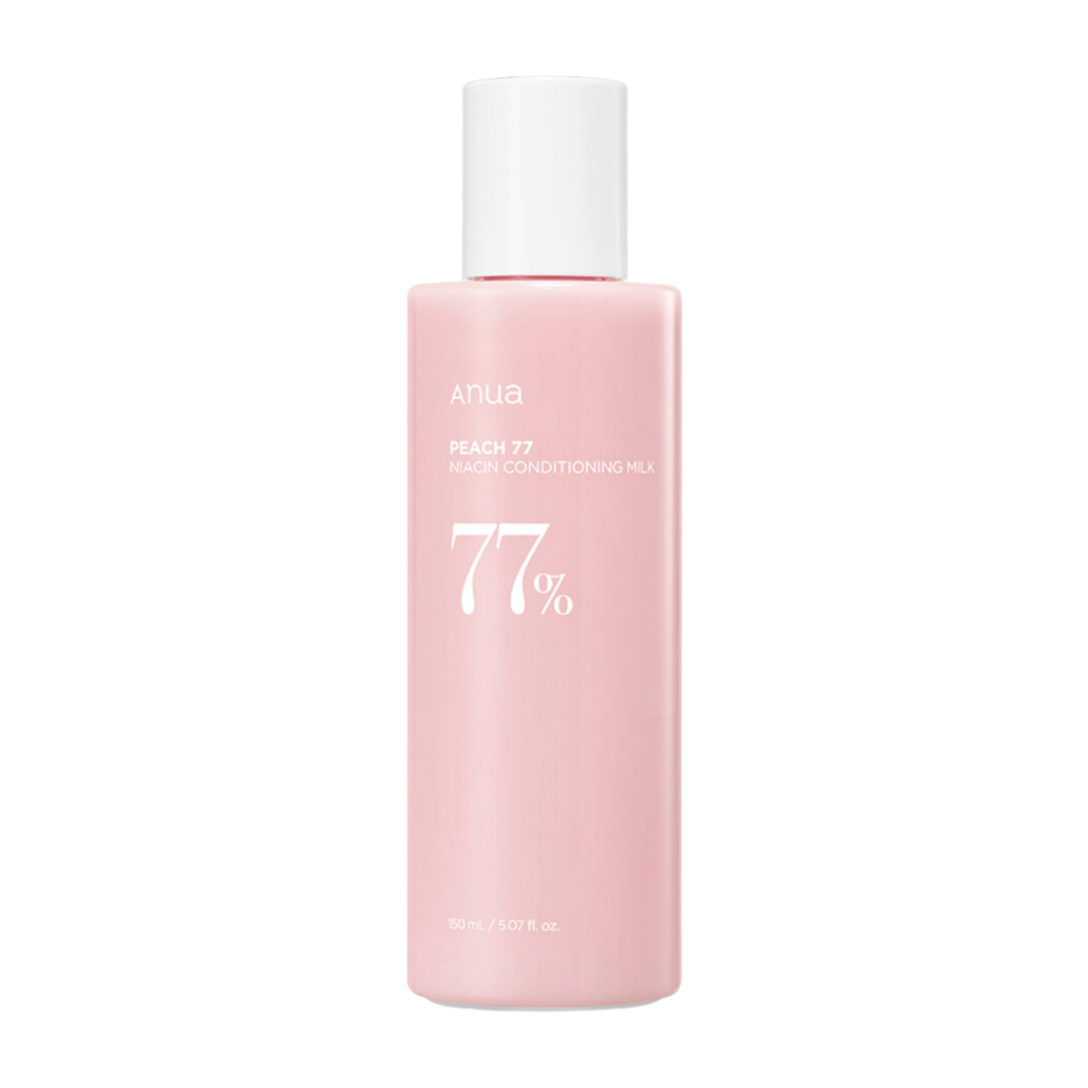 Η εικόνα δείχνει ANUA Peach 77% Niacin Conditioning Milk, ένα προϊόν περιποίησης δέρματος που περιέχει 77% ροδάκινο και νιασιναμίδη για να βελτιώσει την κατάσταση του δέρματος.