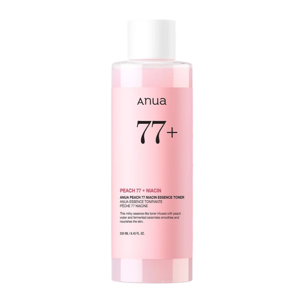 Anua Peach 77 Niacin Essence Toner σε ένα διαφανές ροζ μπουκάλι με λευκό καπάκι, περιέχει 250 ml γαλακτώδες τόνερ για ομοιόμορφο τόνο δέρματος και λάμψη.