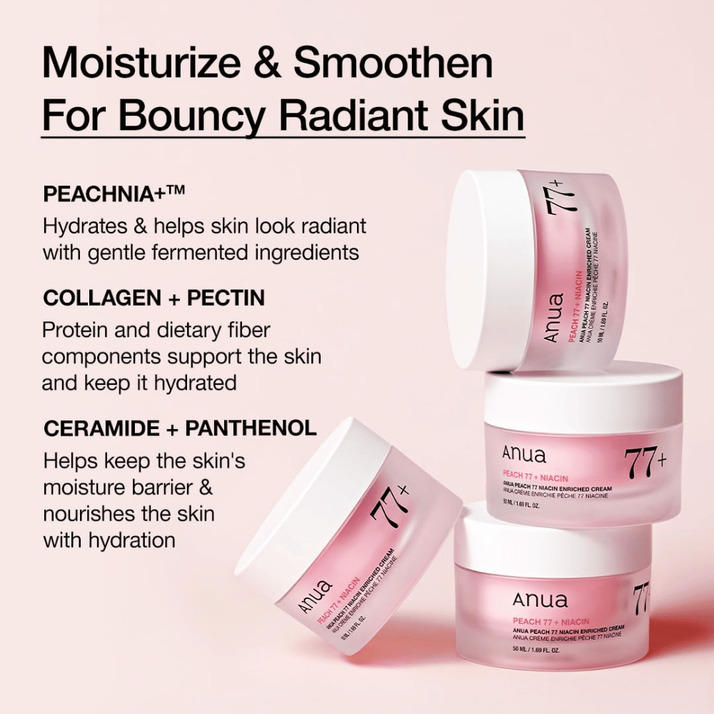 Anua Peach 77% Niacin Enriched Cream με PEACHNIA™, κολλαγόνο, πηκτίνη, κεραμίδιο και πανθενόλη για ενυδατωμένο, ελαστικό δέρμα.