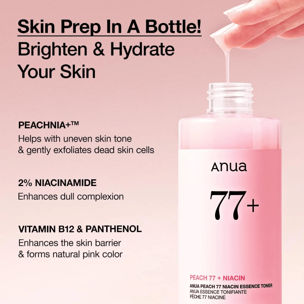 Anua Peach 77 Niacin Essence Toner σε ροζ μπουκάλι, με κείμενο που προβάλλει το PEACHNIA+, 2% νιασιναμίδη καθώς και βιταμίνη B12 και πανθενόλη για να φωτίσει το δέρμα και να ενισχύσει το φράγμα.