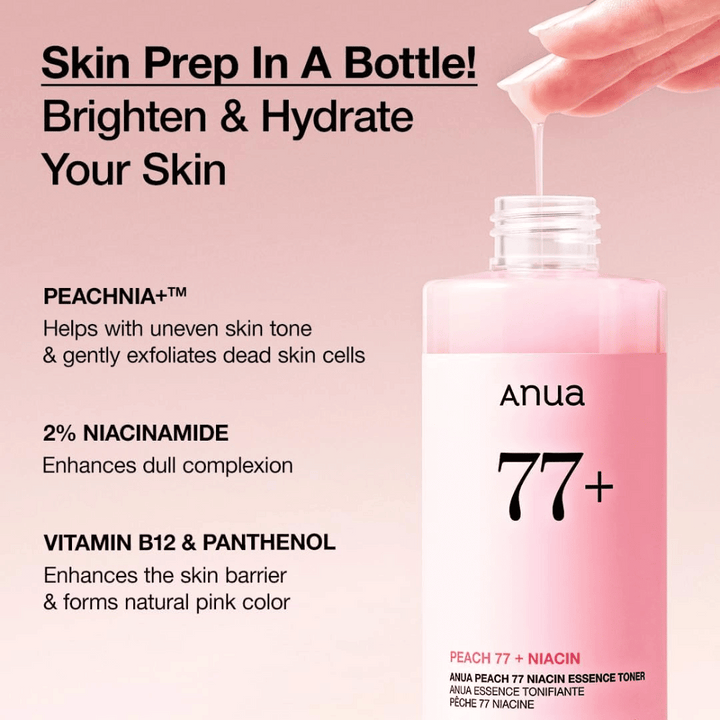 Anua Peach 77 Niacin Essence Toner i rosa flaska, med text som lyfter PEACHNIA+, 2 % niacinamid samt vitamin B12 och panthenol för att ljusa upp huden och stärka barriären.