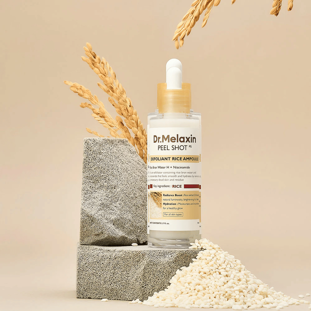 Dr.Melaxin Peel Shot Exfoliant Rice Ampoule τοποθετημένη με ρύζι και πέτρες, κορεάτικη απολεπιστική αμπούλα με εκχύλισμα ρυζιού και νιασιναμίδη για πιο καθαρό και απαλό δέρμα.