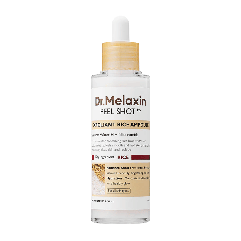 Dr.Melaxin Peel Shot Exfoliant Rice Ampoule σε πλήρη εικόνα με λευκό φόντο, απολεπιστικός ορός προσώπου με εκχύλισμα ρυζιού και νιασιναμίδη για πιο ομοιόμορφο τόνο δέρματος και αυξημένη λάμψη.