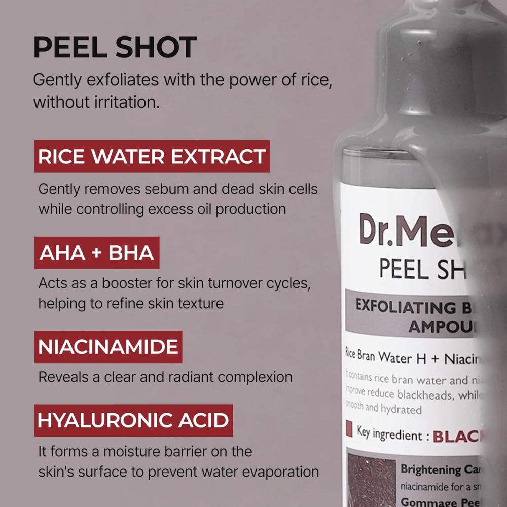 Dr.Melaxin Peel Shot Ο Ορός Μαύρου Ρυζιού με εκχύλισμα νερού ρυζιού, AHA BHA, νιασιναμίδη και υαλουρονικό οξύ για απολέπιση και σύσφιξη πόρων