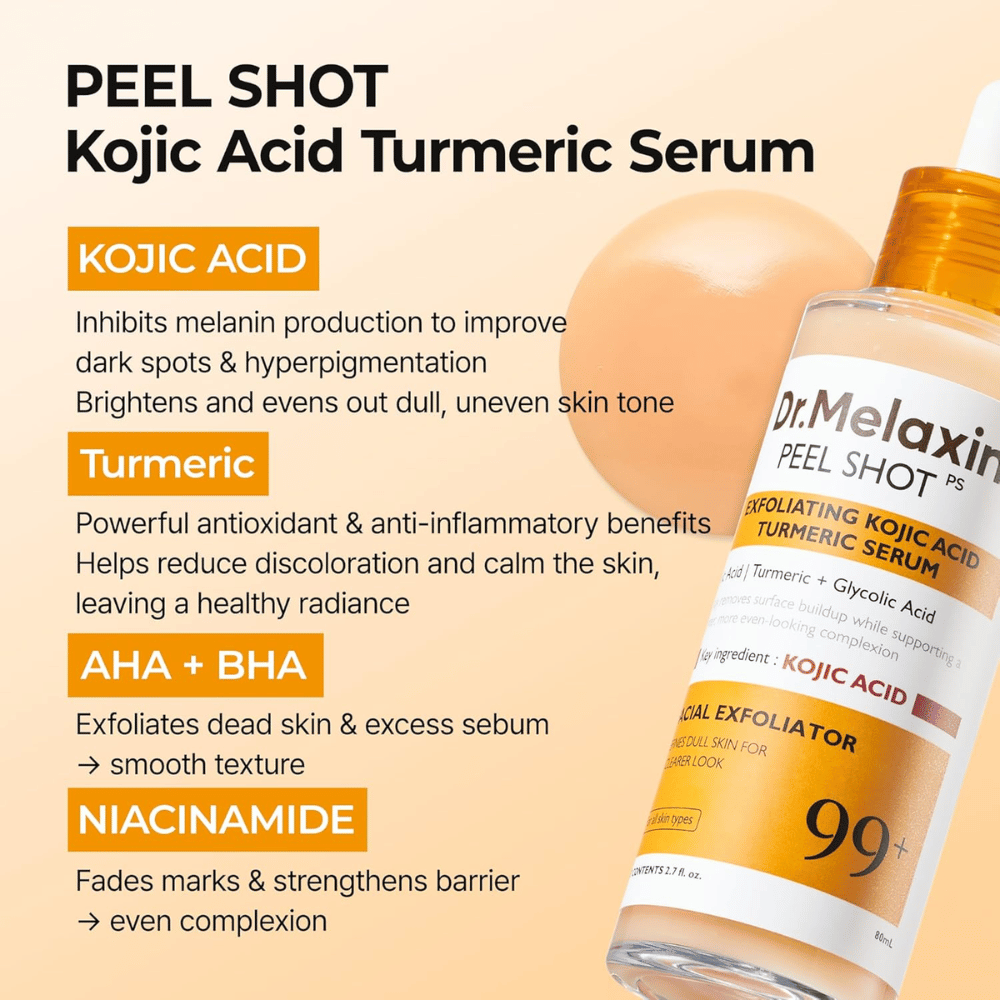 Απολεπιστικός ορός με kojic acid και κουρκουμά που γίνεται μασάζ στην επιδερμίδα για να μειώσει την υπερμελάγχρωση και να χαρίσει λάμψη