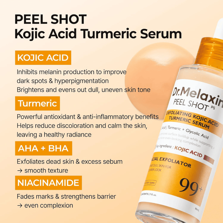 Απολεπιστικός ορός με kojic acid και κουρκουμά που γίνεται μασάζ στην επιδερμίδα για να μειώσει την υπερμελάγχρωση και να χαρίσει λάμψη