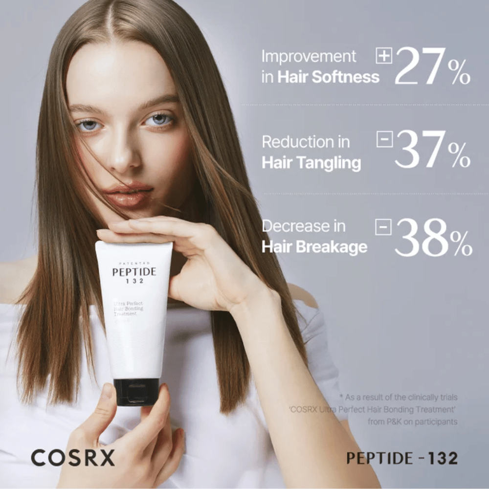 Γυναίκα κρατάει COSRX Peptide 132 Treatment – δείχνει κλινικά αποτελέσματα με μειωμένο σπάσιμο μαλλιών και αυξημένη απαλότητα.