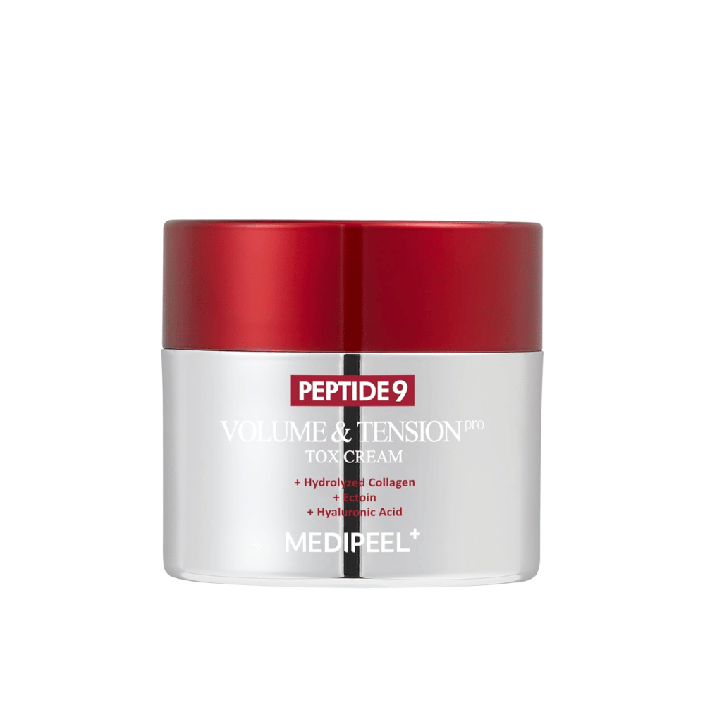 MEDI-PEEL Peptide 9 Volume & Tension Tox Cream σε ασημένιο βάζο με κόκκινο καπάκι. Μία αντιγηραντική κρέμα με πεπτίδια και κολλαγόνο που ενισχύει την ελαστικότητα του δέρματος.