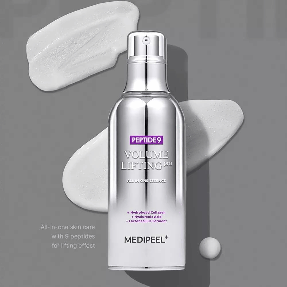 Medi-Peel Peptide 9 Volume Lifting All In One Essence Pro – κορεατική ουσία με πεπτίδια, κολλαγόνο και υαλουρονικό οξύ που βοηθά στην ενυδάτωση της επιδερμίδας και στη βελτίωση της ελαστικότητας του δέρματος.
