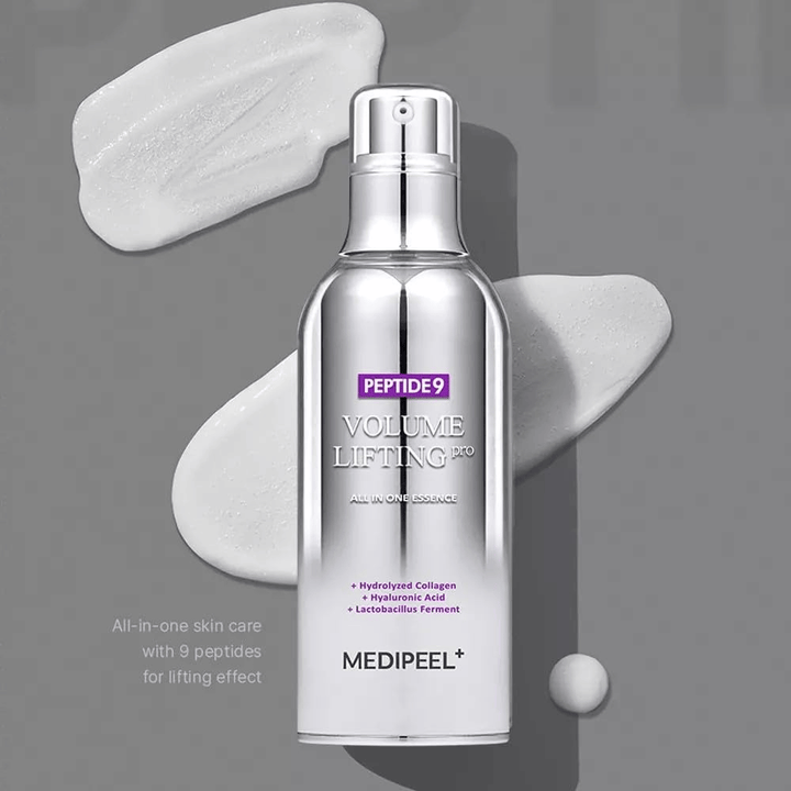 Medi-Peel Peptide 9 Volume Lifting All In One Essence Pro – κορεατική ουσία με πεπτίδια, κολλαγόνο και υαλουρονικό οξύ που βοηθά στην ενυδάτωση της επιδερμίδας και στη βελτίωση της ελαστικότητας του δέρματος.