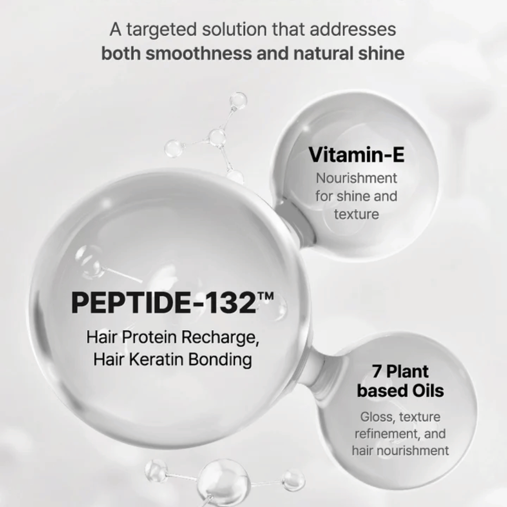 Βασικά συστατικά στο COSRX Peptide 132 Serum – πεπτίδια, βιταμίνη Ε και 7 φυτικά έλαια που ενισχύουν και φροντίζουν τα μαλλιά.