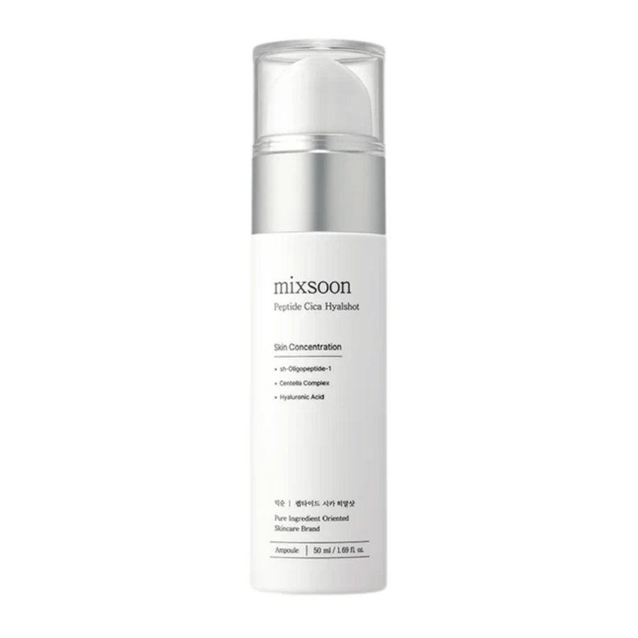 Mixsoon Peptide Cica Hyalshot – fuktgivande serum med centella och hyaluronsyra i stilren vit flaska med silverdetaljer. Passar känslig hud och bidrar till att stärka hudbarriären.
