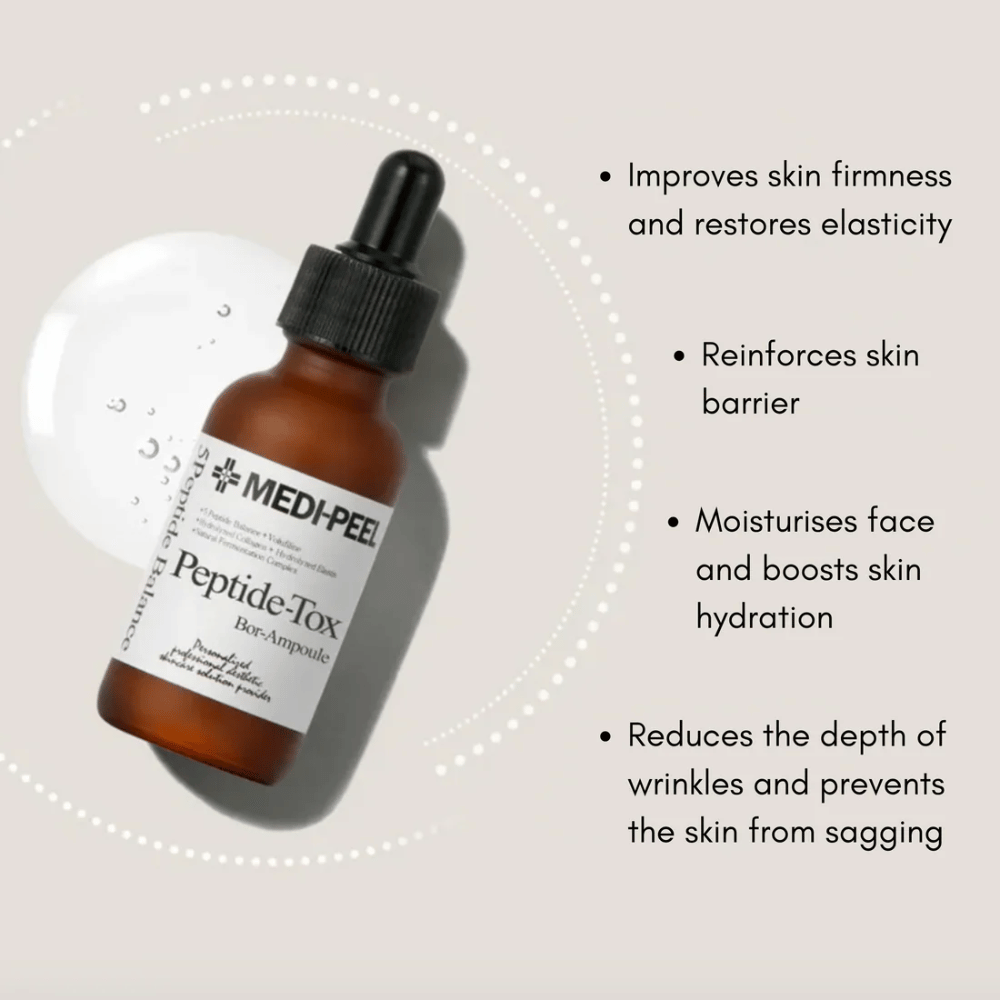 MEDI-PEEL Peptide-Tox Bor Ampoule – κορεατικός ορός προσώπου με πεπτίδια που βελτιώνει τη σφριγηλότητα του δέρματος, ενισχύει το φραγμό του δέρματος, ενυδατώνει σε βάθος και μειώνει τις ορατές ρυτίδες.