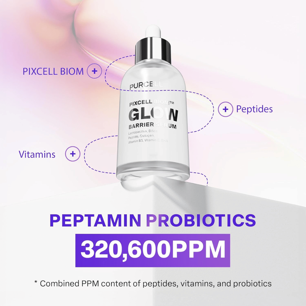 PURCELL Pixcell Biom Glow Barrier Serum με Peptamin Probiotics 320 600 PPM – συνδυασμός πεπτιδίων, βιταμινών και προβιοτικών.