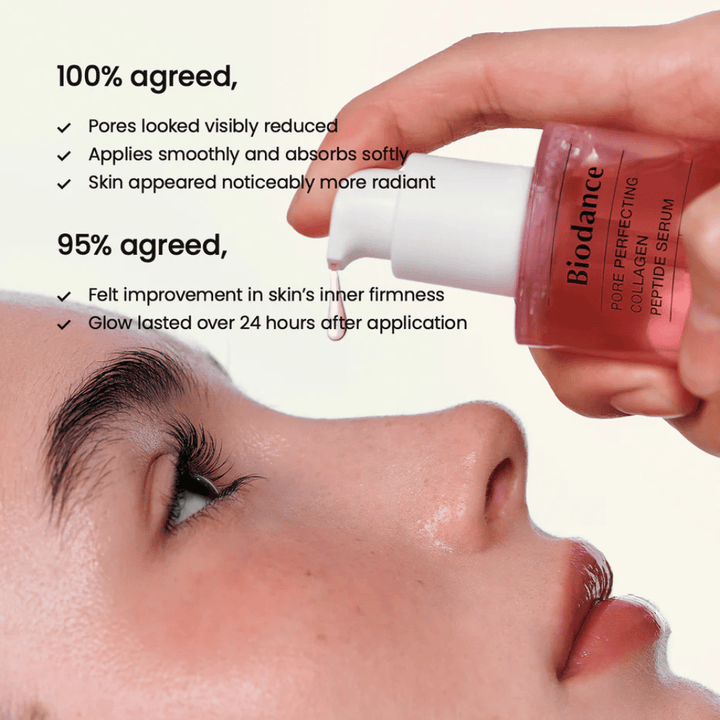 Biodance Collagen Peptide Serum εφαρμόζεται στο πρόσωπο – συσφικτικός ορός για μείωση πόρων και αυξημένη λάμψη.