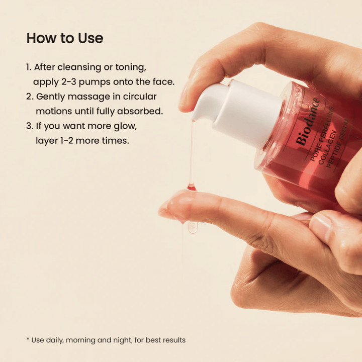 Biodance Pore Perfecting Collagen Peptide Serum εφαρμόζεται – ορός μείωσης πόρων με κολλαγόνο και πεπτίδια.