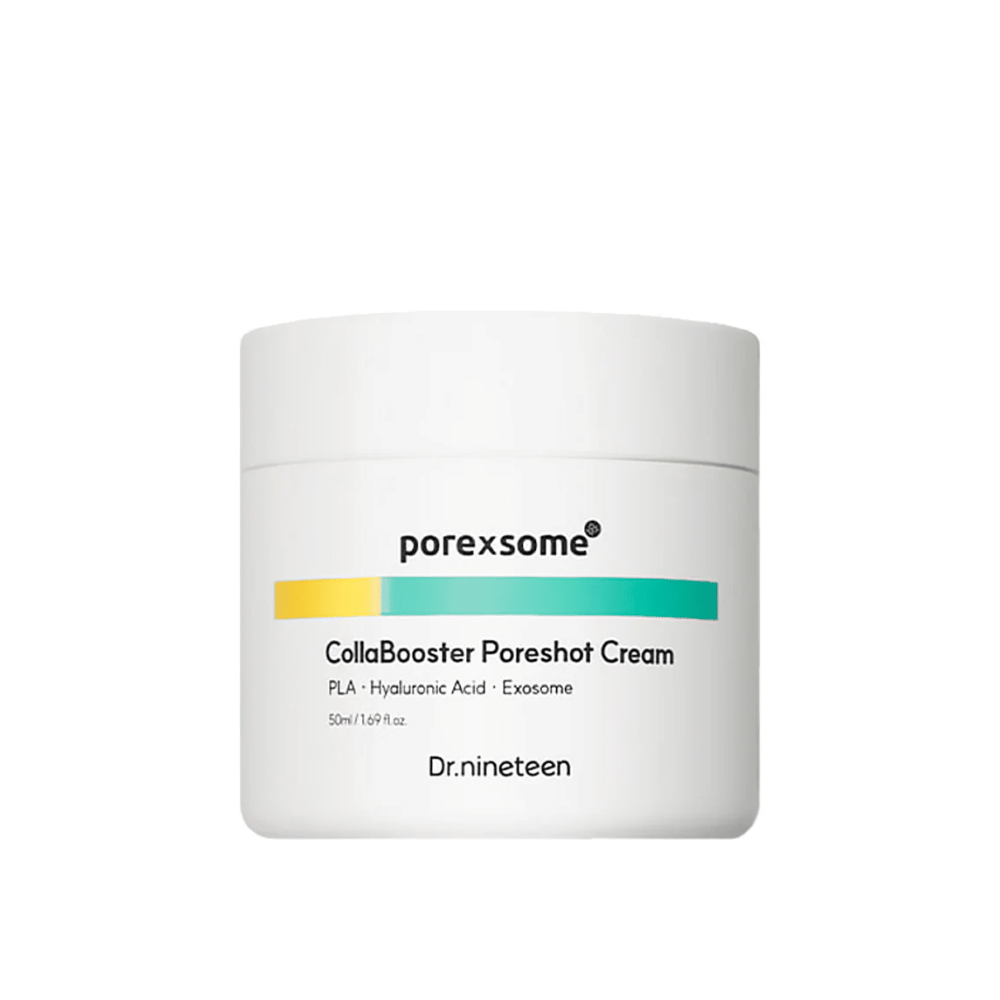 Εικόνα προϊόντος του Porexsome CollaBooster Poreshot Cream σε λευκό βάζο με λεπτομέρειες χρώματος σε κίτρινο και τυρκουάζ. Μια κρέμα προσώπου που συσφίγγει τους πόρους και ενυδατώνει.