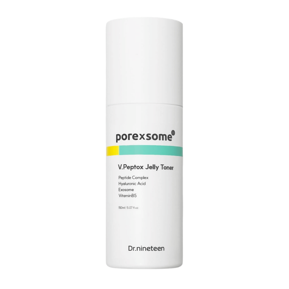 Εικόνα προϊόντος του Dr.nineteen Porexsome V.Peptox Jelly Toner σε λευκό μπουκάλι. Ένας ενυδατικός τονωτικός με πεπτίδια, εξοσώματα και βιταμίνη B5.