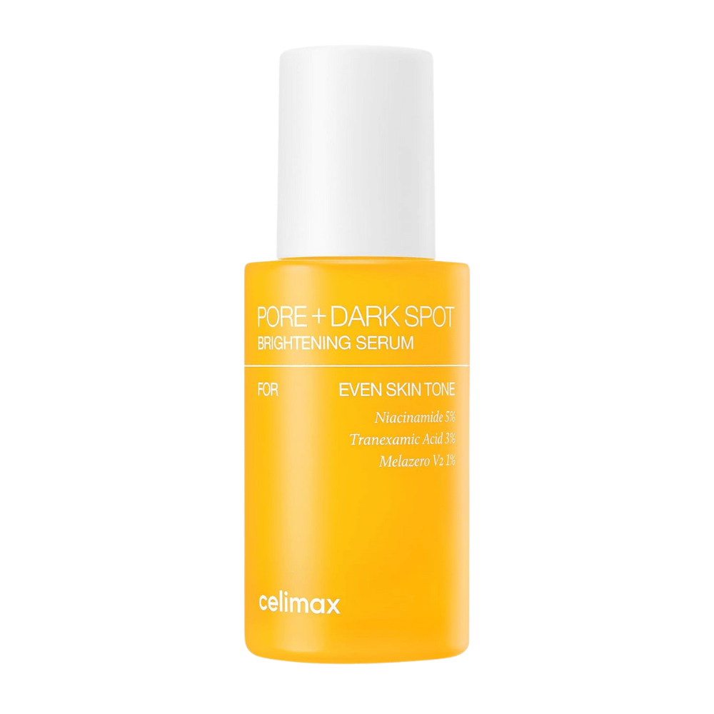 Celimax Pore + Dark Spot Brightening Serum σε όρθιο κίτρινο μπουκάλι με λευκό καπάκι, περιέχει νιασιναμίδη, τρανεξαμικό οξύ και Melazero.