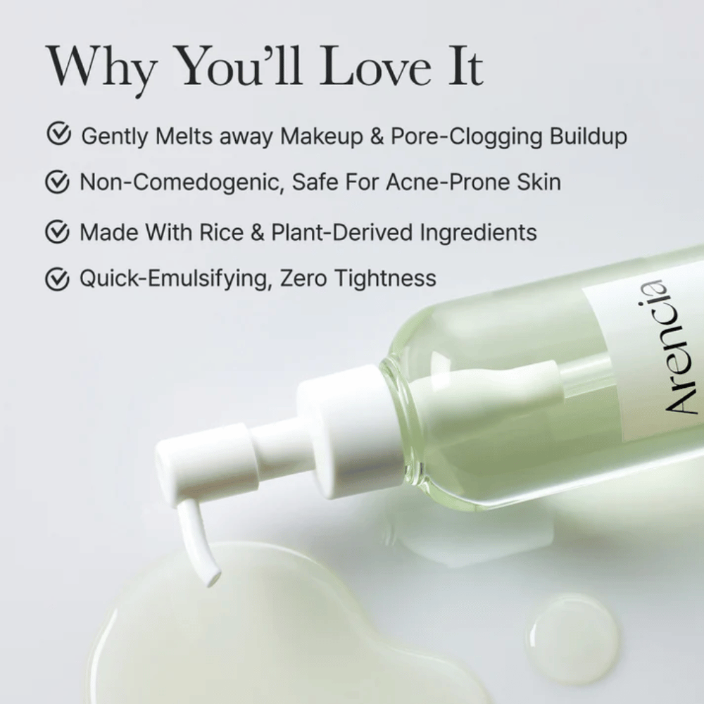 Εικόνα πληροφοριών για το Arencia Pore Melt Mochi Cleansing Oil που είναι 100% φιλικό προς τους πόρους και μη-φαγεσωρογόνο, σχεδιασμένο για ευαίσθητο και επιρρεπές σε ακμή δέρμα.