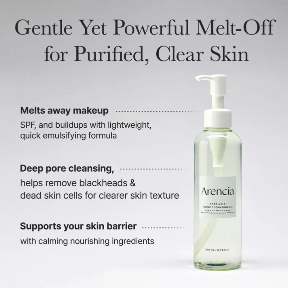 Arencia Pore Melt Mochi Cleansing Oil σε πλήρη προβολή με κείμενο για βαθύ καθαρισμό, διαλύει το μακιγιάζ, SPF και ακαθαρσίες ενώ διατηρεί την ισορροπία της υγρασίας του δέρματος.