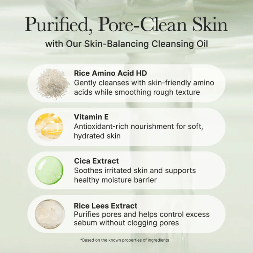 Περίληψη συστατικών για Arencia Pore Melt Mochi Cleansing Oil με αμινοξέα ρυζιού, βιταμίνη Ε, εκχύλισμα cica και εκχύλισμα lees ρυζιού για απαλό καθαρισμό και ενισχυμένο φράγμα δέρματος.