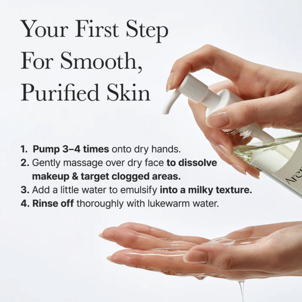 Εικόνα οδηγιών που δείχνει πώς το Arencia Pore Melt Mochi Cleansing Oil χρησιμοποιείται ως πρώτο βήμα στη ρουτίνα καθαρισμού για πιο λείο, καθαρό και πιο ισορροπημένο δέρμα.