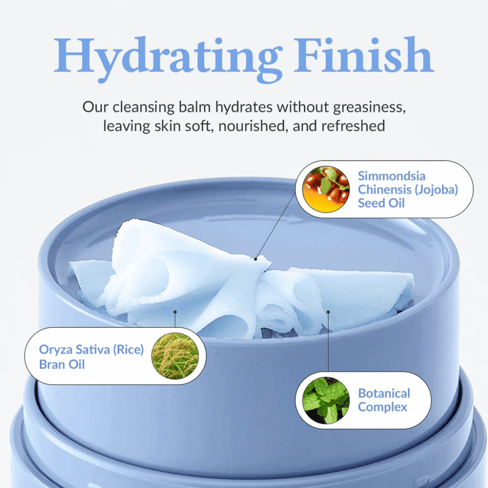 Dr.Althea Pore Refresh Grinding Cleansing Balm με το κείμενο "Hydrating Finish" από πάνω. Το προϊόν περιέχει Λάδι Σπόρου Σιμμωνδσίας Κινέζικης (Jojoba), Λάδι Πίτουρου Ρυζιού (Oryza Sativa) και ένα βοτανικό σύμπλεγμα. Η κρέμα προσφέρει ενυδατική δράση χωρίς να αφήνει λιπαρή αίσθηση, αφήνοντας το δέρμα μαλακό, θρεπτικό και φρέσκο.