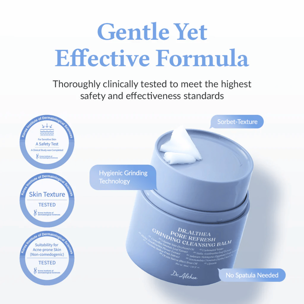 Dr.Althea Pore Refresh Grinding Cleansing Balm με το κείμενο "Gentle Yet Effective Formula" από πάνω. Το βάζο έχει υφή σορμπέ με τεχνολογία υγιεινής λείανσης και δεν απαιτεί σπάτουλα για χρήση. Κλινικά δοκιμασμένο για ευαίσθητο δέρμα και δέρμα επιρρεπές στην ακμή (μη-κομεντογόνο).
