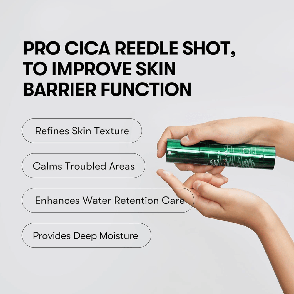 VT Cosmetics Pro Cica Reedle Shot 100 εφαρμόζεται στο δέρμα για να βελτιώσει τον φραγμό του δέρματος, να καταπραΰνει το ευαίσθητο δέρμα και να προσφέρει βαθιά ενυδάτωση