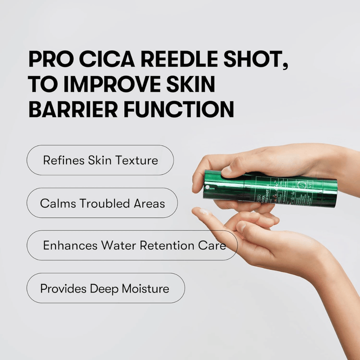 VT Cosmetics Pro Cica Reedle Shot 100 εφαρμόζεται στο δέρμα για να βελτιώσει τον φραγμό του δέρματος, να καταπραΰνει το ευαίσθητο δέρμα και να προσφέρει βαθιά ενυδάτωση