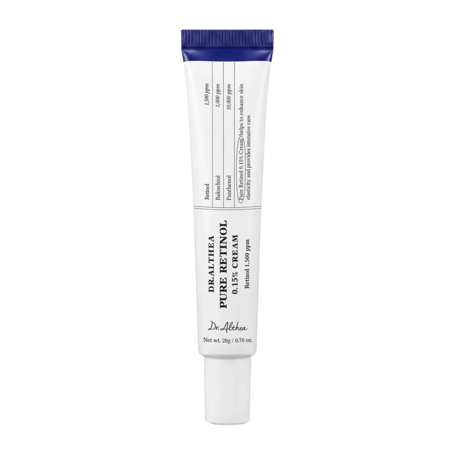Απομονωμένη εικόνα προϊόντος του Dr. Althea Pure Retinol 0.15% Cream σε λευκό φόντο. Ο μινιμαλιστικός σχεδιασμός του σωληναρίου αναδεικνύει την καθαρή και κλινική αισθητική του προϊόντος, ενώ η συγκέντρωση ρετινόλης αναγράφεται καθαρά στη συσκευασία.