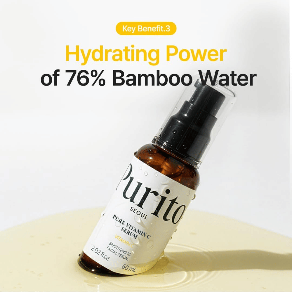 Purito SEOUL Pure Vitamin C Serum με 76% νερό μπαμπού που βοηθά στην ενυδάτωση της επιδερμίδας ενώ ο ορός προσφέρει λάμψη.