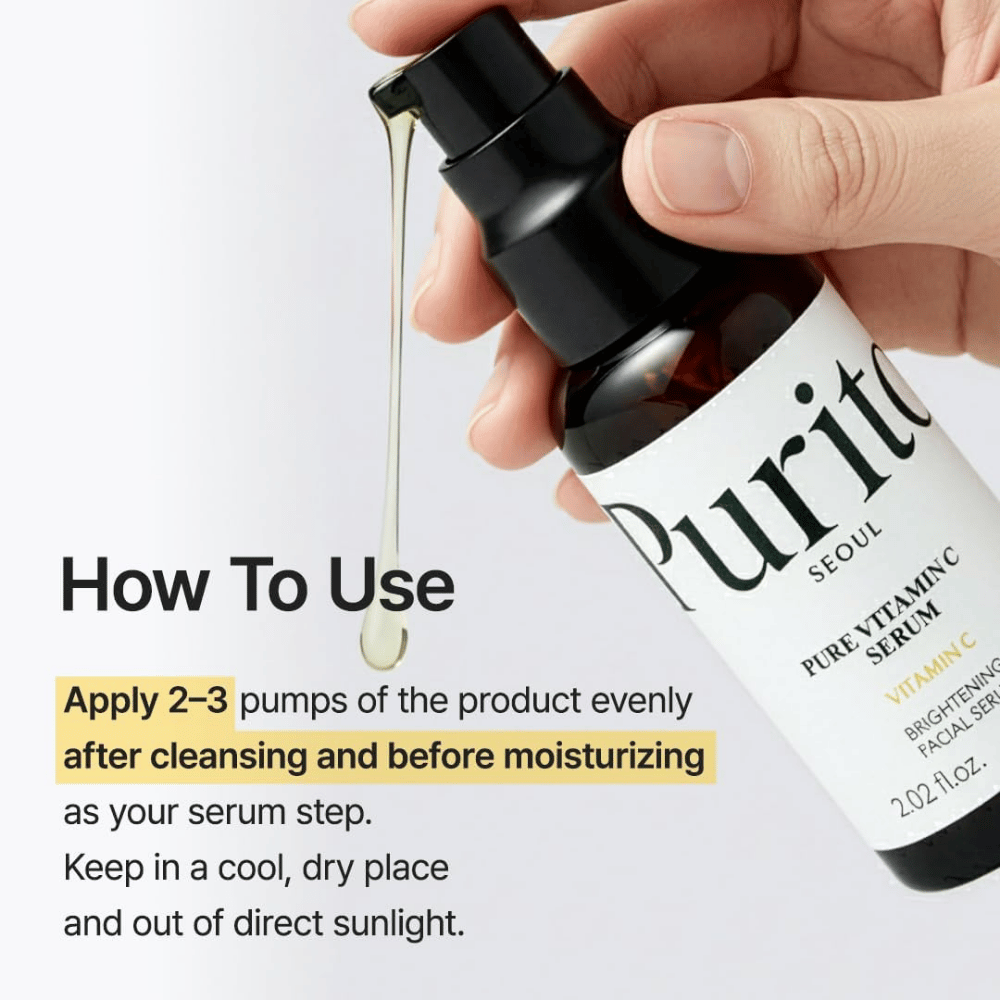 Πώς να χρησιμοποιήσετε το Purito SEOUL Pure Vitamin C Serum – εφαρμόστε 2–3 πιέσεις μετά τον καθαρισμό και πριν από την κρέμα προσώπου ως το βήμα του ορού στη ρουτίνα περιποίησης της επιδερμίδας.