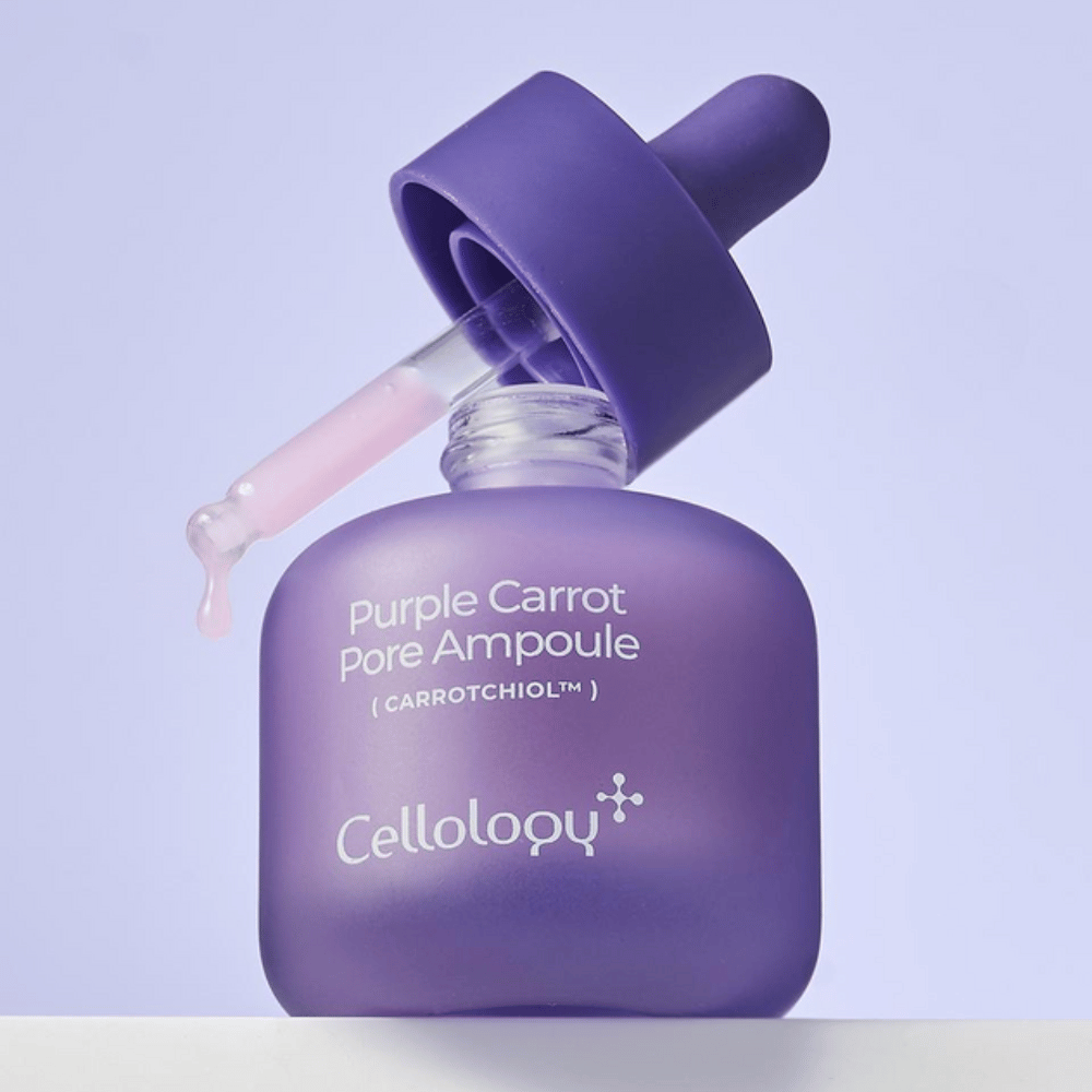 Cellology Purple Carrot Pore Ampoule με σταγονόμετρο που δείχνει τη μαλακή, κρεμώδη υφή της αμπούλας.