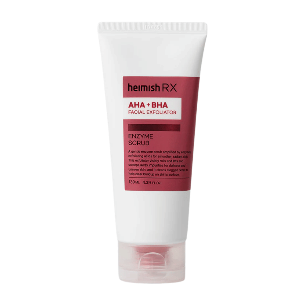 Heimish RX AHA + BHA Enzyme Scrub σε λευκό σωλήνα με κόκκινη ετικέτα. Μια απολεπιστική κρέμα προσώπου που περιέχει AHA και BHA για την απομάκρυνση των ακαθαρσιών και τη βελτίωση της υφής του δέρματος. Το προϊόν τοποθετείται σε λευκό φόντο.