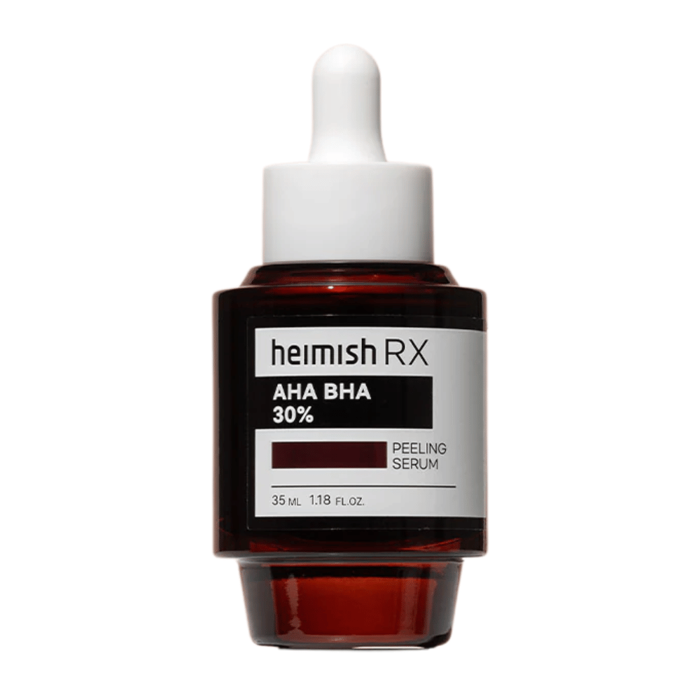 Heimish RX AHA BHA 30% Peeling Serum σε ένα σκούρο κόκκινο γυάλινο μπουκάλι με πιπέτα, σχεδιασμένο για απολέπιση και βελτιωμένη υφή του δέρματος.