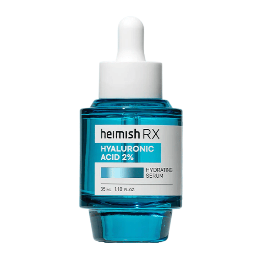 Heimish RX Ορός ενυδάτωσης με Υαλουρονικό Οξύ 2% σε μπλε γυάλινο μπουκάλι με καπάκι πιπέτας, σχεδιασμένο για εντατική ενυδάτωση του δέρματος.