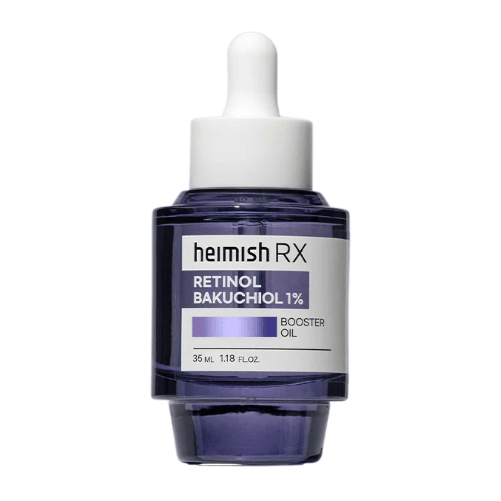Heimish RX Retinol Bakuchiol Booster Oil σε ένα κομψό μωβ γυάλινο μπουκάλι με πιπέτα, σχεδιασμένο για να βελτιώσει την ελαστικότητα του δέρματος και να μειώσει τις λεπτές γραμμές.